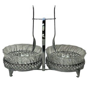 Vintage Sheffield Glass Jam Relish Dish Set 2 Bowls 2 Spoons Caddy 5 Pc